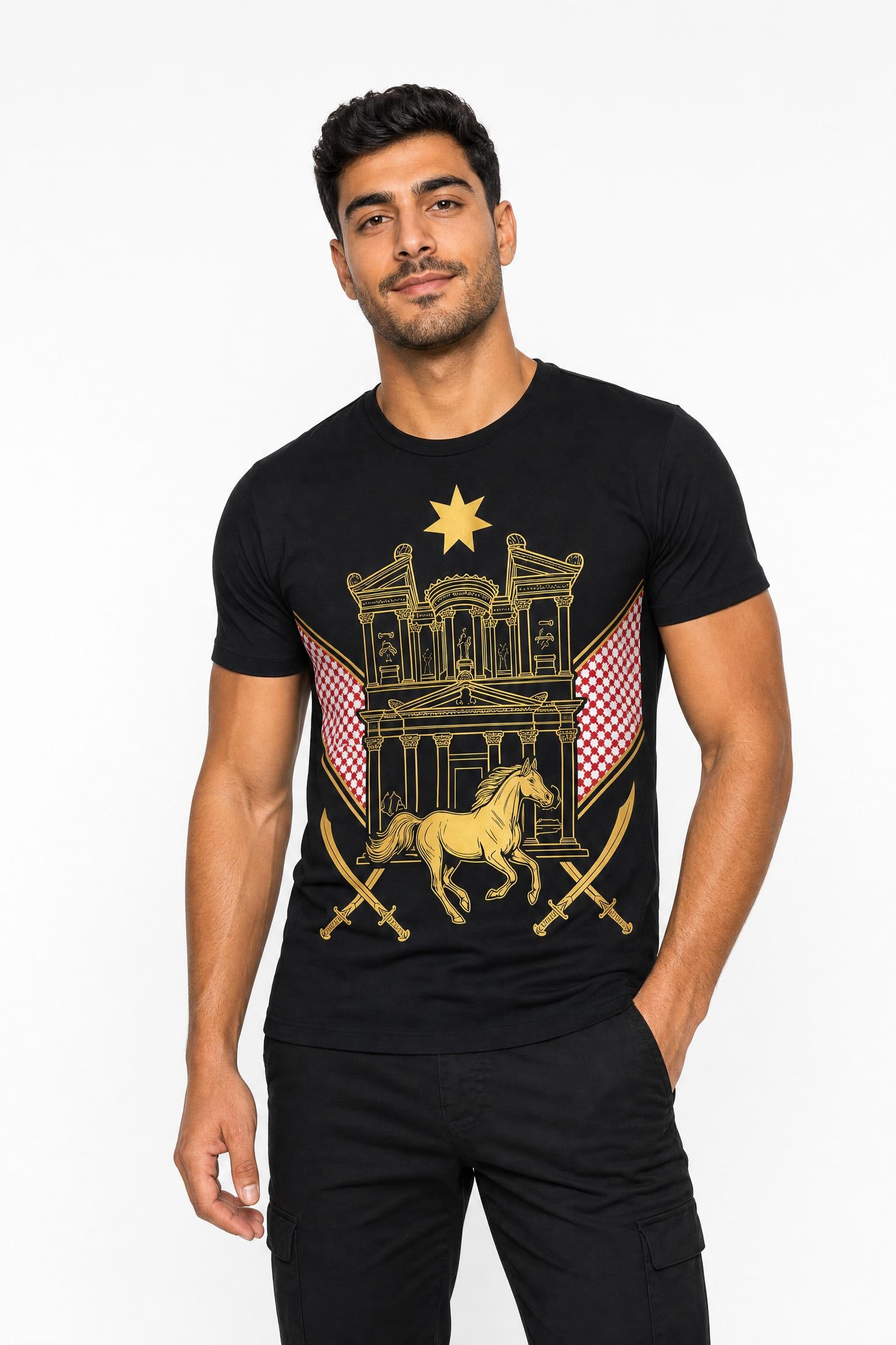 Jordanian Heritage Football T-Shirt: Petra Horses & Swords Edition