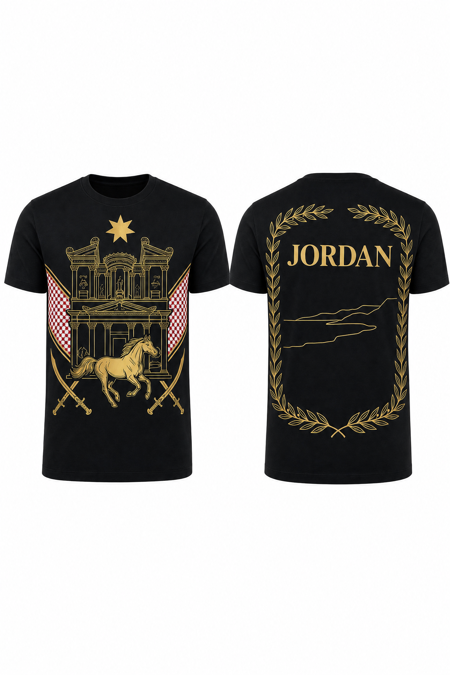 Jordanian Heritage Football T-Shirt: Petra Horses & Swords Edition