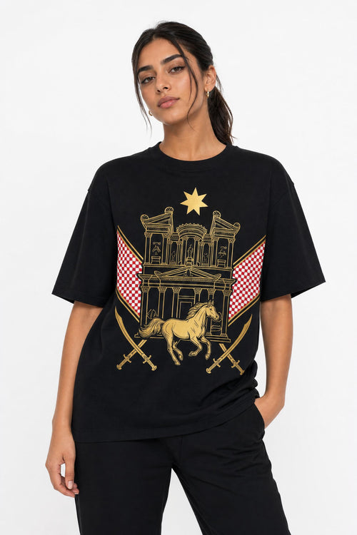 Jordanian Heritage Football T-Shirt: Petra Horses & Swords Edition